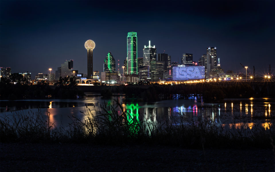 The Trinity River floods during the rainy season and overs great reflections of the buildings at night. Dallas, night, photography, tx, texas, long exposre, triniy river