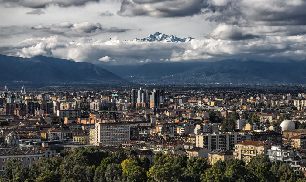 The panoramic deck of the Mole Antonelliana, the tallest building in Turin. The cloud covered alps in the background Mole Antonelliana Turin Italy