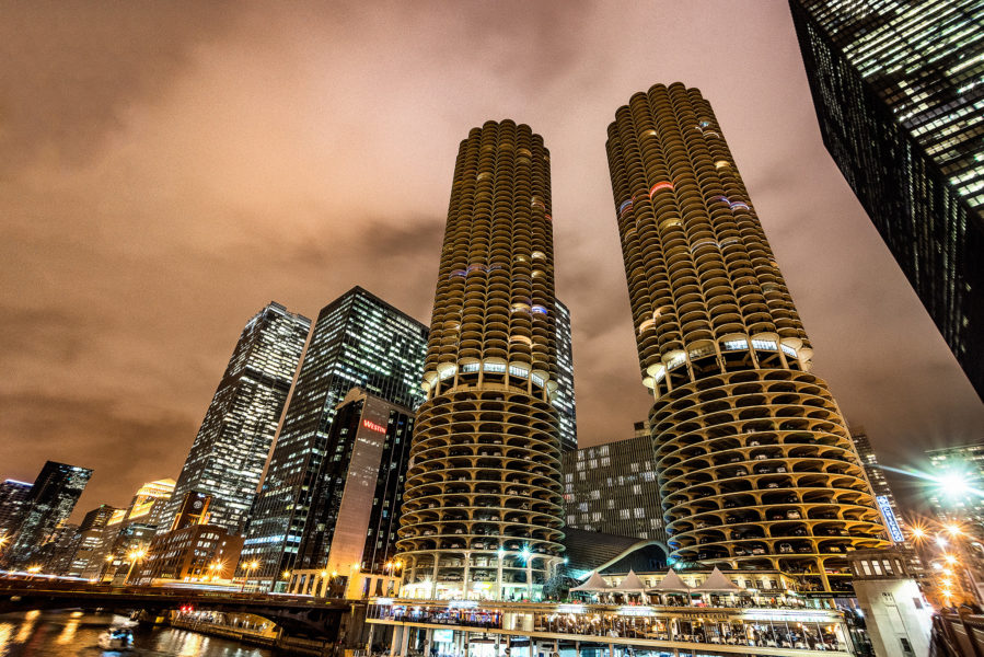 Walking around Chicago on dramatically gloomy evening, I captured this image from the State Street Bridge. Completed in 1968, these towers are some of the more iconic buildings in Chicago architecture.