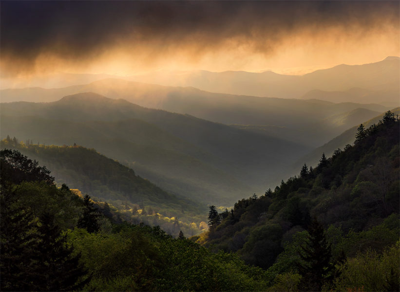 Sunrise and Clouds rollling over Newfound Gap in the great Smoky Mountains National Park Newfound Gap, Smoky Mountains