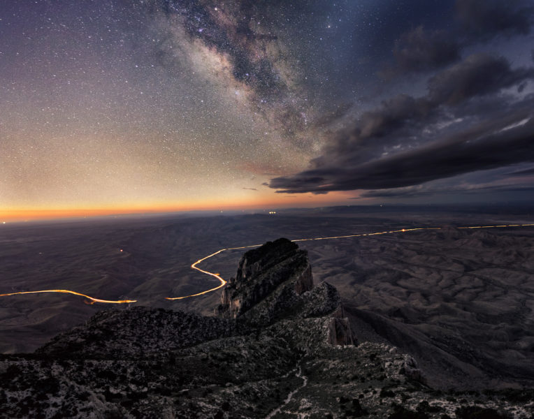 Shot of the Milky Way from 8,751 ft on top of Guadalupe Peak, the highest natural point in Texas. A strenuous hike starting at 3:00 paid off. I was lucky to get mostly clear skies as I watched the Milky Way faint and the sun rise up from the west. El Capitan Milky Way